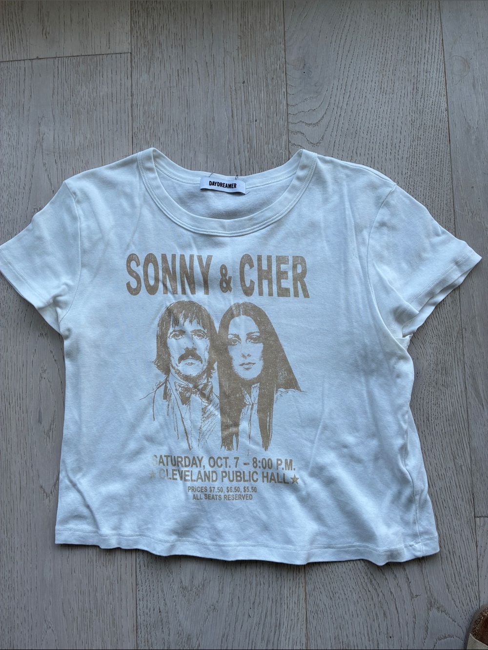 Daydreamer Cropped White Tee with Gold 'Sonny & Cher' Graphic